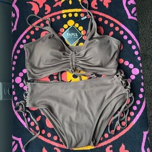 NWT ZAFUL V Neck Tie Front Bikini brown size M tie sides adjustable straps